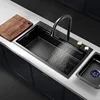 Multifunction Kitchen Sinks 304 Stainless Steel Kitchen Sink Faucet Modern Black Waterfall Rainfall Single Bowl Kitchen Sink Set 4