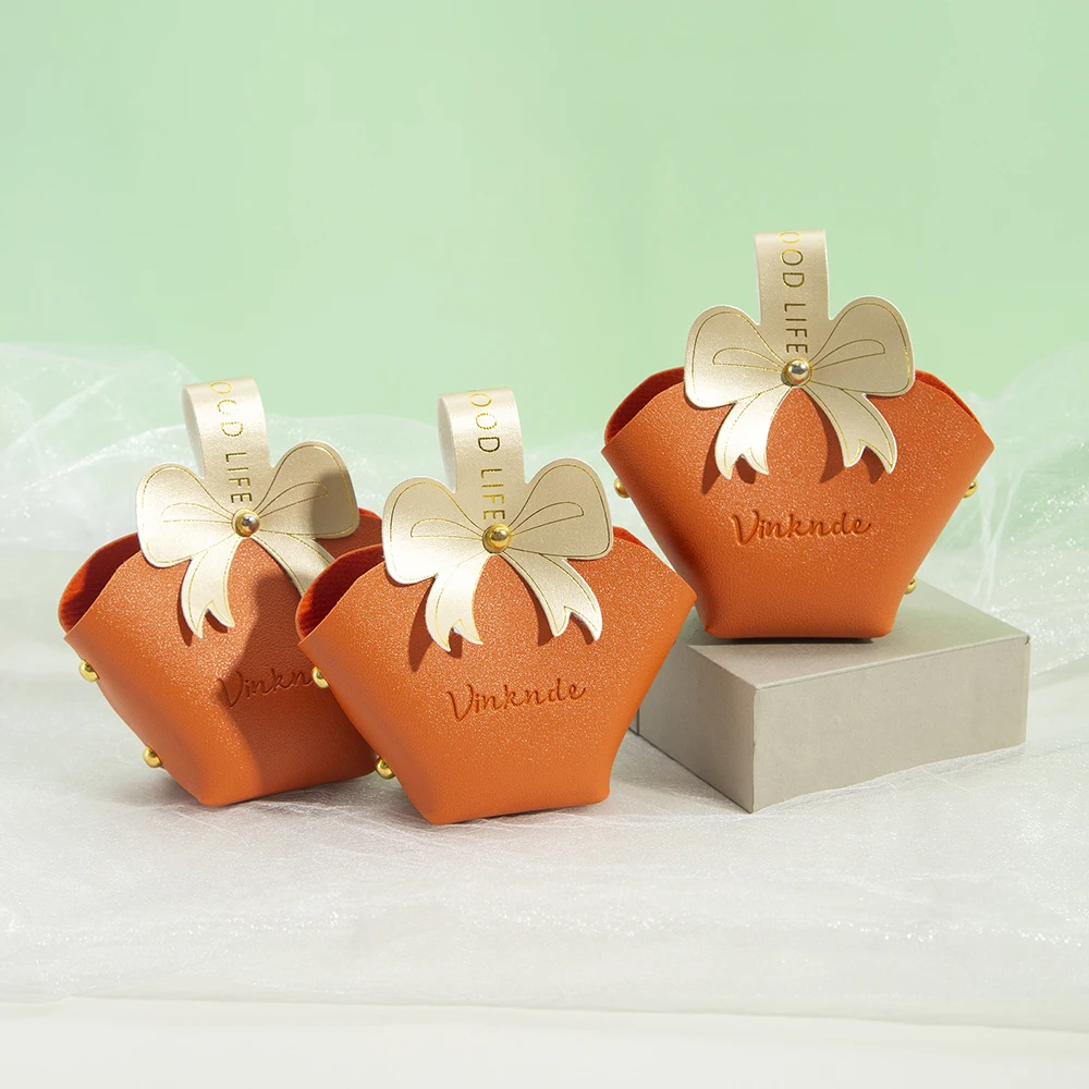 Orange PU Leather Candy Bag Jewelry Handbag With Gold Bowknot Halloween Chocolate Packaging Basket Portable Travel Storage Pouch