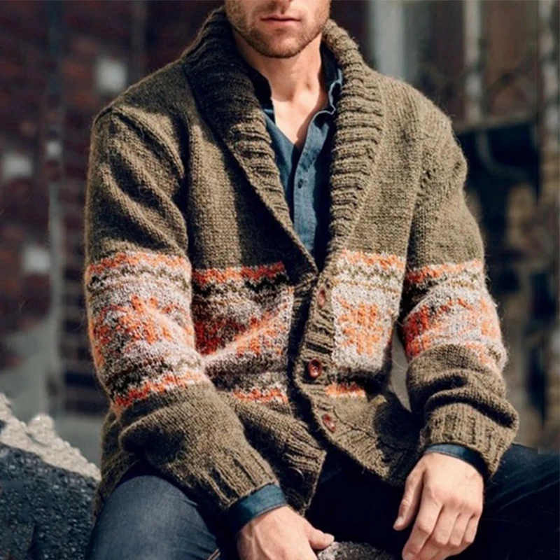 

Winter Long Sleeve Autumn Lapel Button Knit Cardigan Casual Men Loose Jackets Vintage Geometric Pattern Jacquard Sweater Coat