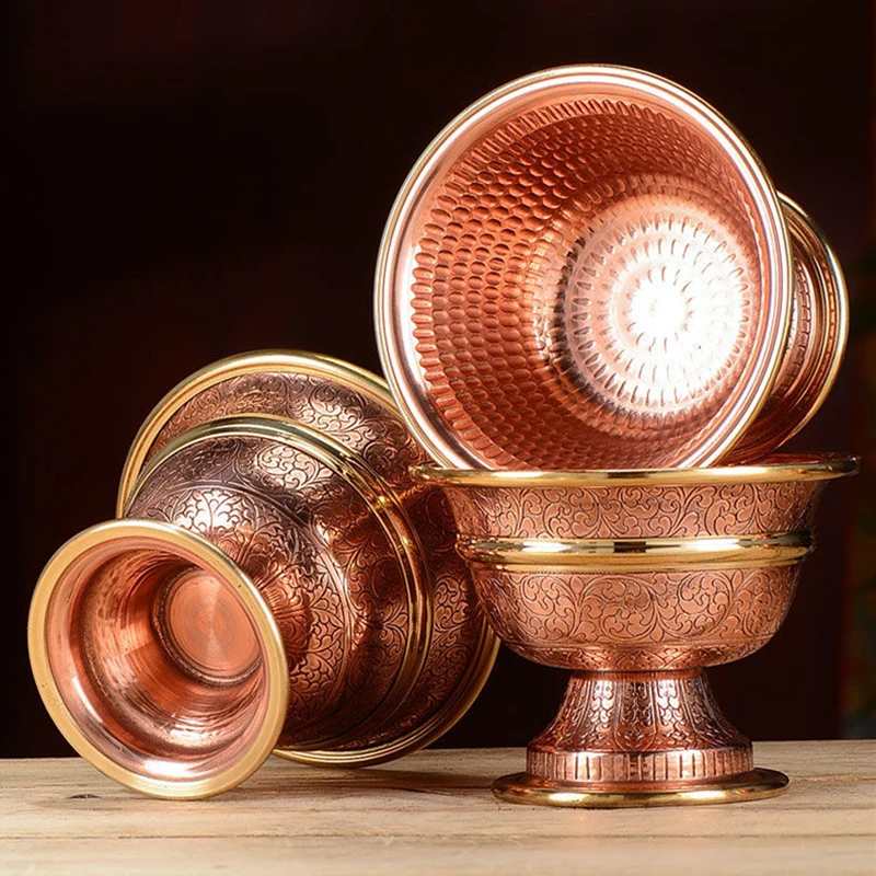 7pcs Ancient Red Copper Tantric Bowl Engraving Goblet Tibetan Bowl 8.8cm Holy Water Cup Buddhist Home's Gift Desktop Decorative 5
