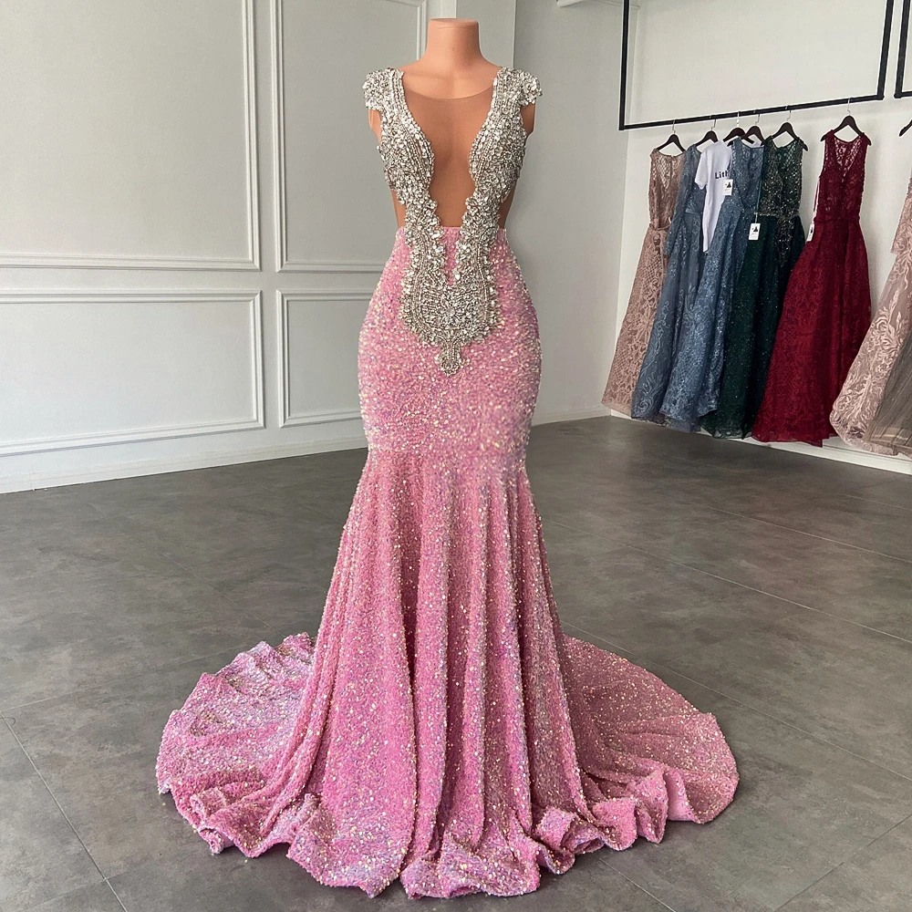 

Luxury Prom Dress Women Sparkly Sequined Beading Mermaid Illusion Crystal Exquisite Formal Party Evening Gowns Vestido De Fiesta