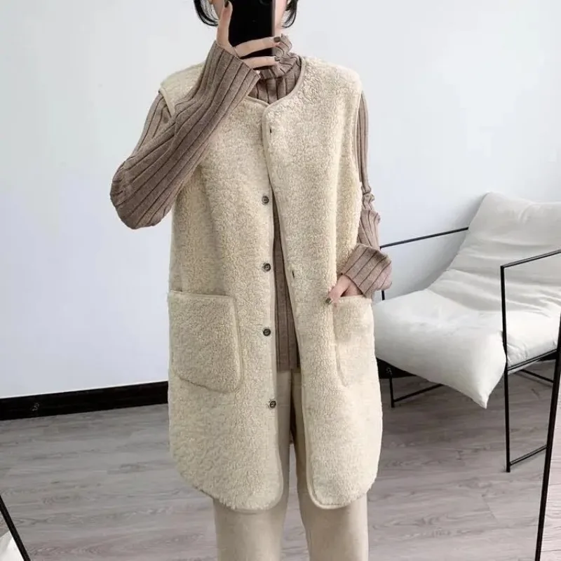 Women Winter Vest Waistcoats Single-breasted Pocket Leisure All-match Female Fashion Elegant Sleeveless Chic Lambswool Waistcoat