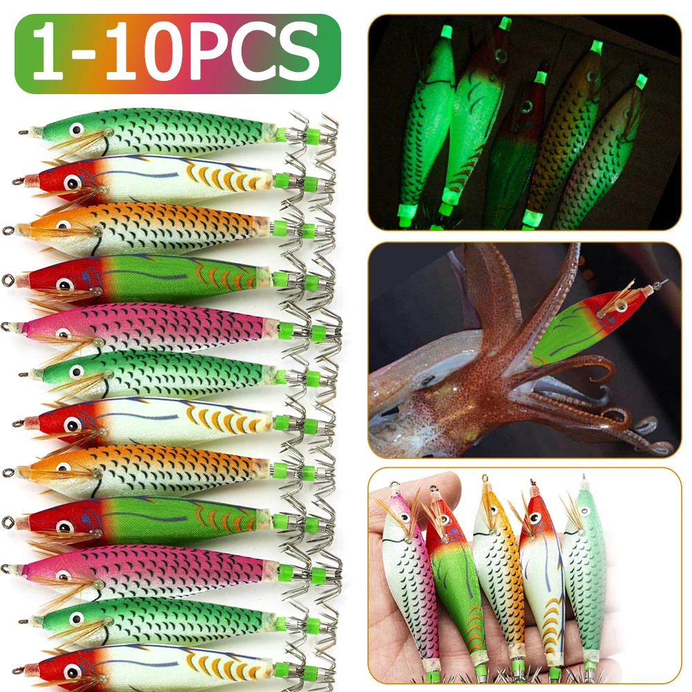 110PFishingLure8cmLuminousSquidJigFishingWoodShrimpLure