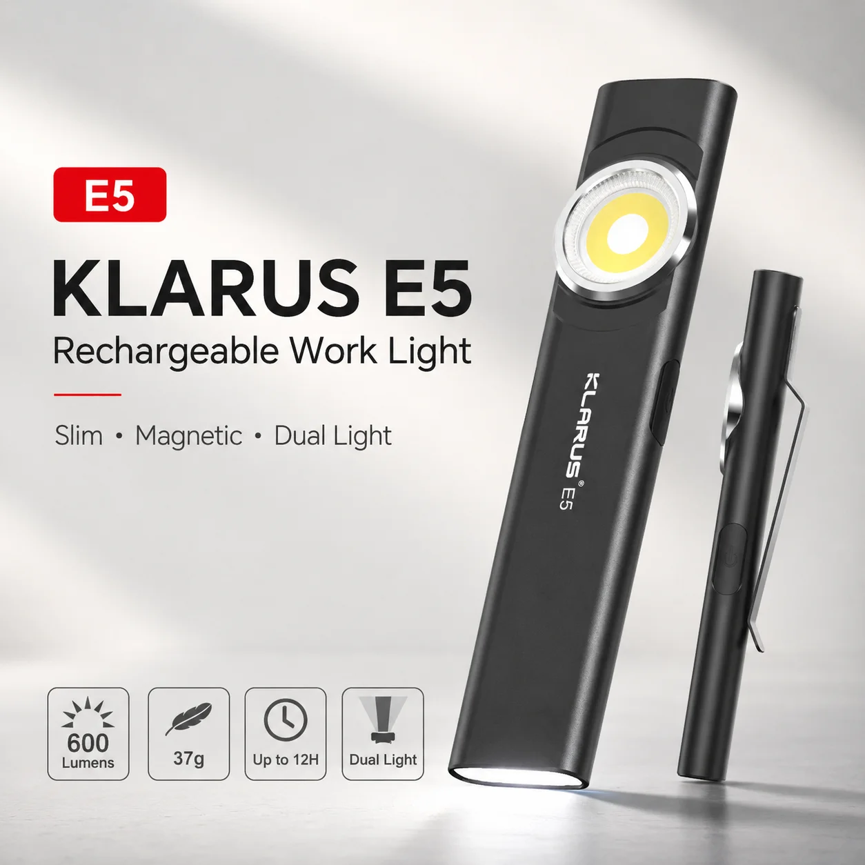 KLARUS E5 충전식 작업등 600LM USB-C 마그네틱 클립 8가지 모드..