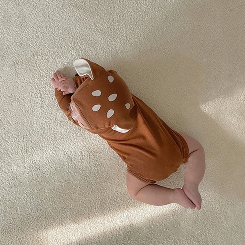 Adorable Baby Sika Deer Romper Hat 2pcs Sets Brown Infant Boy Girl Bodysuit Cap Clothing Outfits Long Sleeve Autumn Spring 4