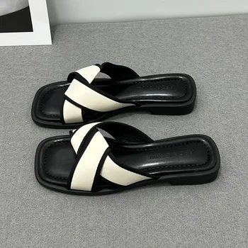 Women's Slippers and Ladies Sandals Open Toe Low Heel Outside on Beach House Black Indoor Home Slides Shoes Beige Word Flat 1