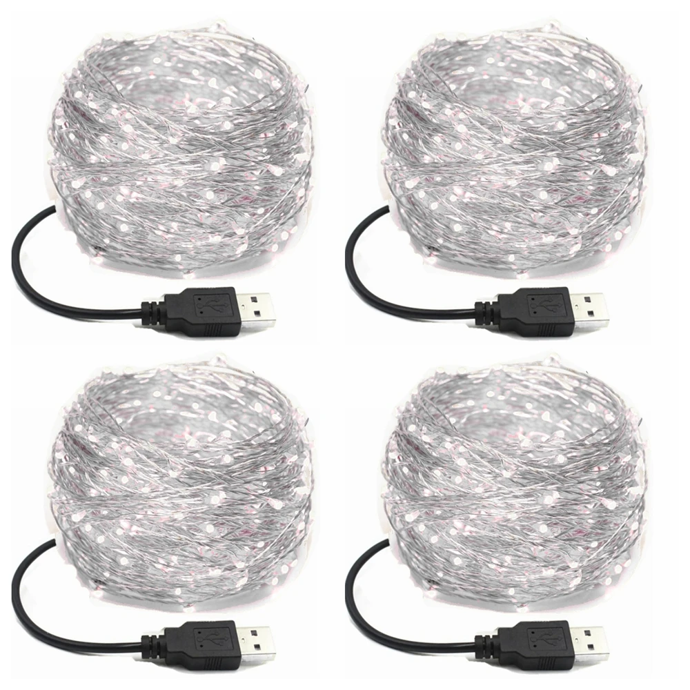 Paquete de 4 luces LED de hadas con enchufe USB, luces de cadena de cobre para decoración de árboles de Navidad, fiestas, bodas y habitaciones interiores