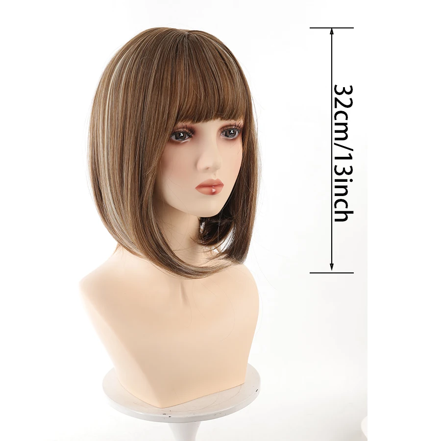Synthetic Brown Straight Wig with Bangs Women's Brown Highlighted Straight Bangs Wig Comfortable for Party Daily Wear
