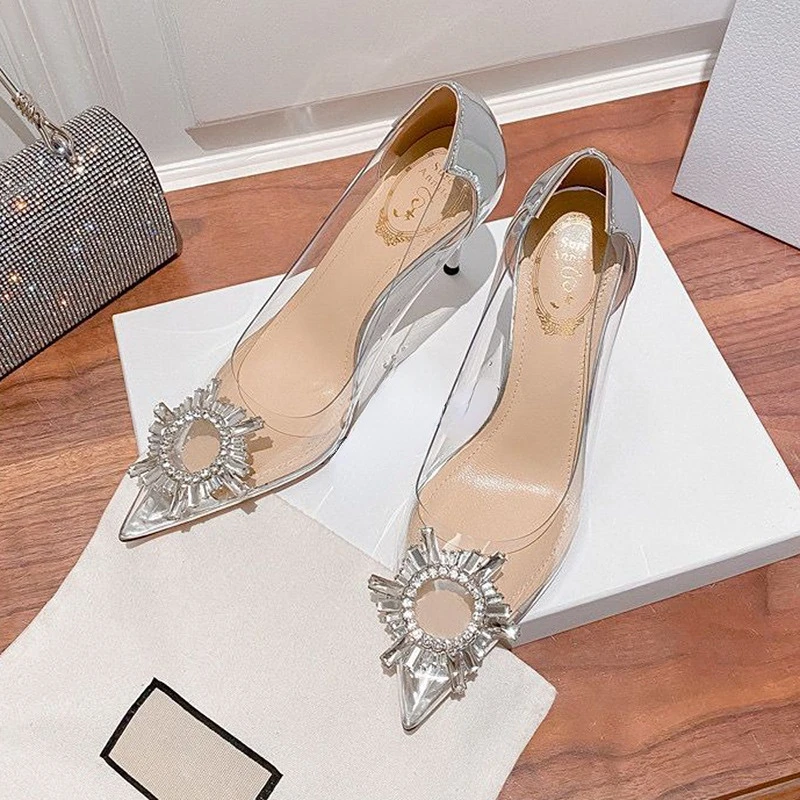 2022 Designer Heels Sandals Woman Summer Shoes Luxury Crystal Slippers Sexy Pointed Toe High Heels Dress Party Shoes Fashion New