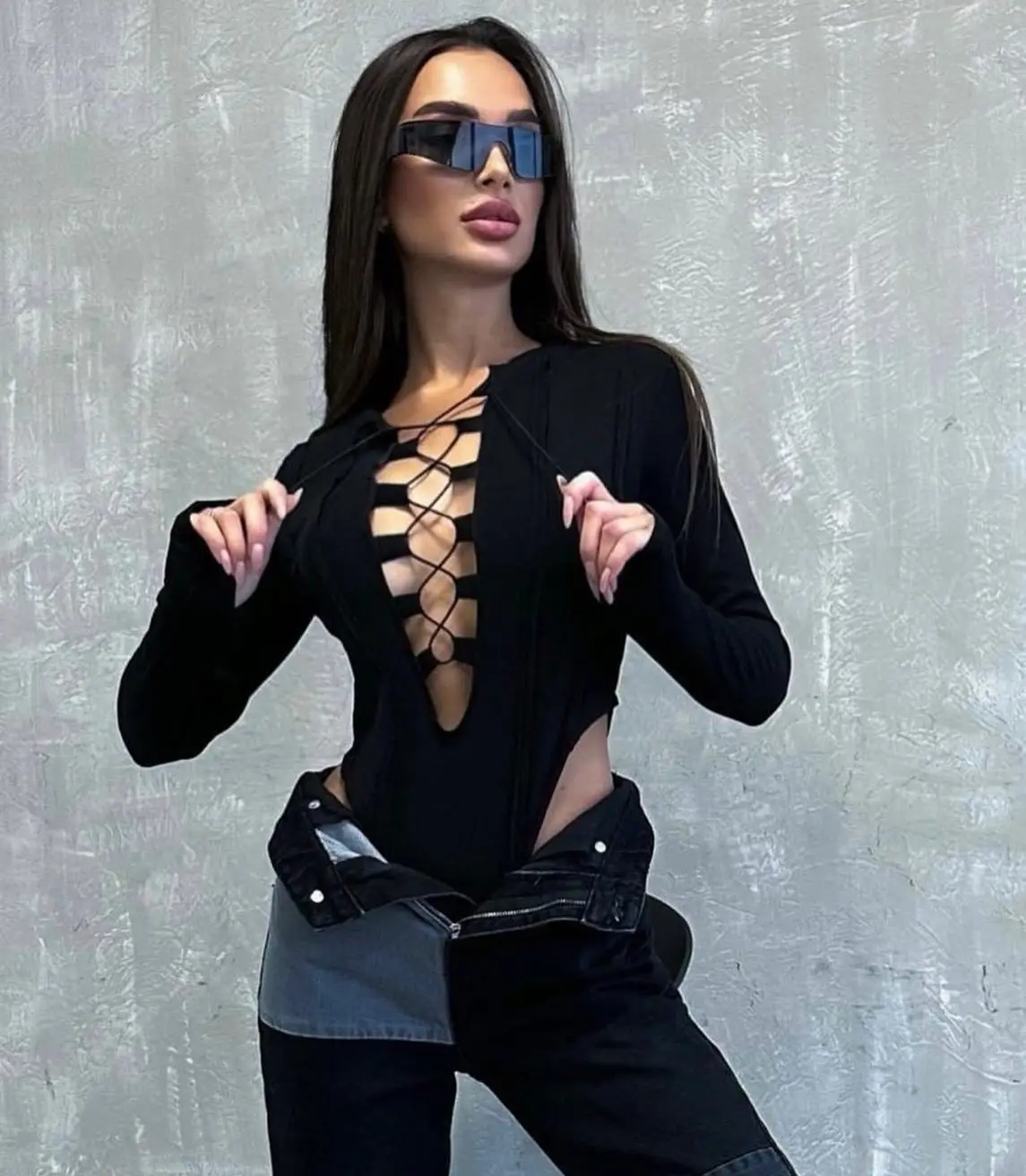 long sleeve cut out bodysuit front view