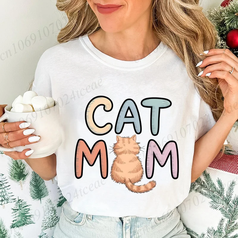 Summer New Fashion T-Shirts Cute Cat Mom Graphic Print Clothing Women's T-Shirt Harajuku Graphic Clothing Women Top Short Sleeve 3