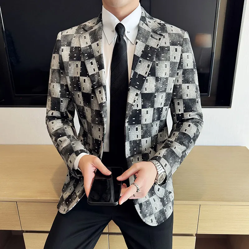Korean Jacquard Denim Jacket Men Autumn Winter Casual Business Men Blazers Slim Fit Wedding Social Dress Coat Clothing