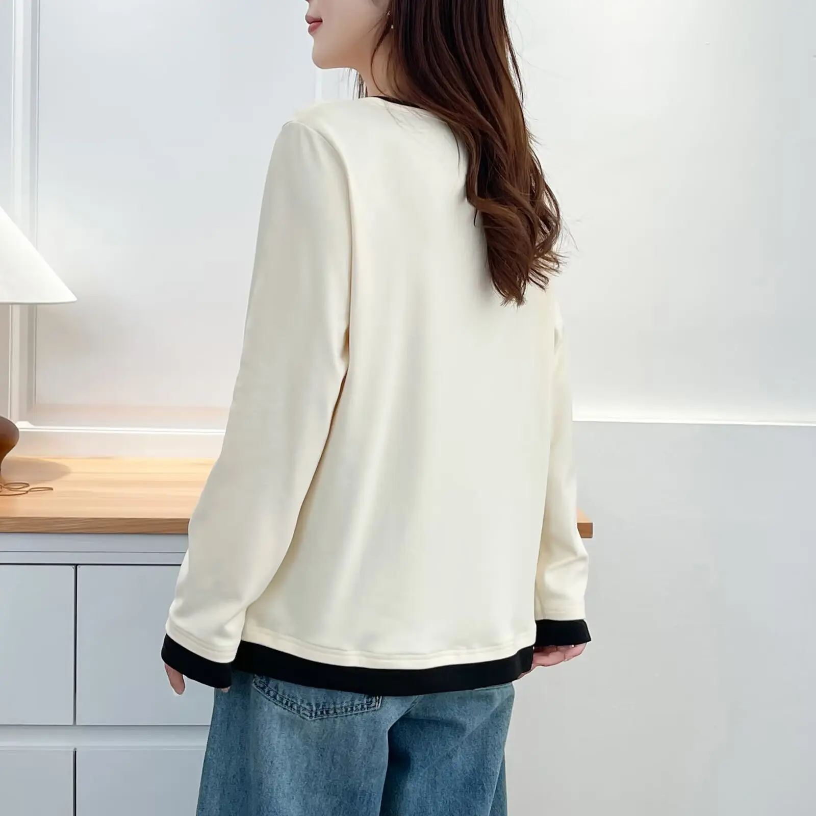 XXXXL Fashion Plus Size Women's T-Shirt 2025 Autumn Winter Casual Color Blocking Fleece Warm Long Sleeved Tops 2532