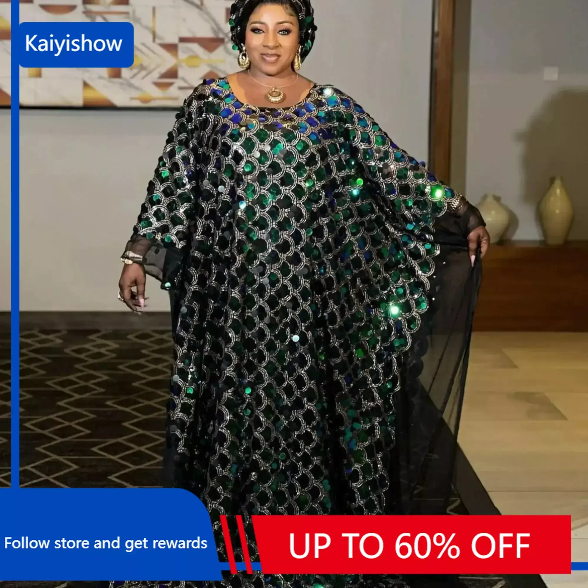 

2024 Oversize Casual Kaftan Plus Women's Glitter Sequin Decor Batwing Sleeve Round Neck Loose Fit Maxi Dress