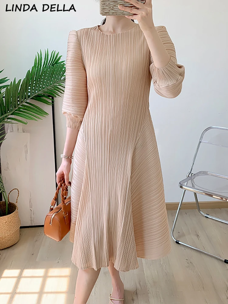 

LINDA DELLA Summer Fashion Designer Vintage Midi Pleated Dress Women's O-Neck Half Sleeve Loose Waist Khaki Holiday Party Dress