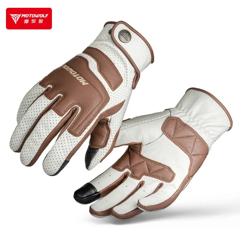 Motowolf Motorcycle Riding Gloves Summer Sheepskin Leather Retro Touchscreen Moto Gloves Men Women Motocross Breathable Gloves