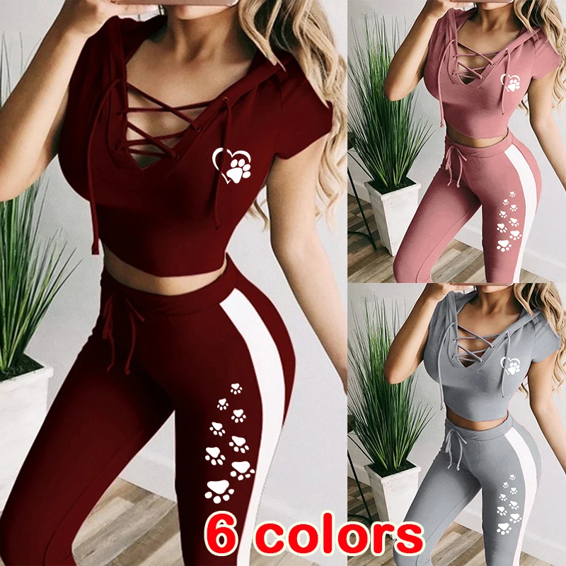 Women's slim fit exercise yoga fitness set short sleeved open navel hoodie+tight pants women's sports set sportswear