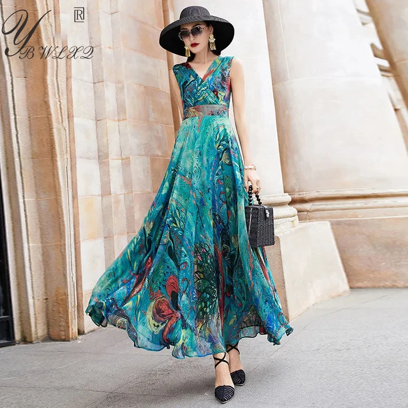 

Womens Vintage Maxi Dress Fashion Elegant V-Neck Printing Sleeveless Chiffon Boho Dresses Summer Flowy Vacation Beach Dress