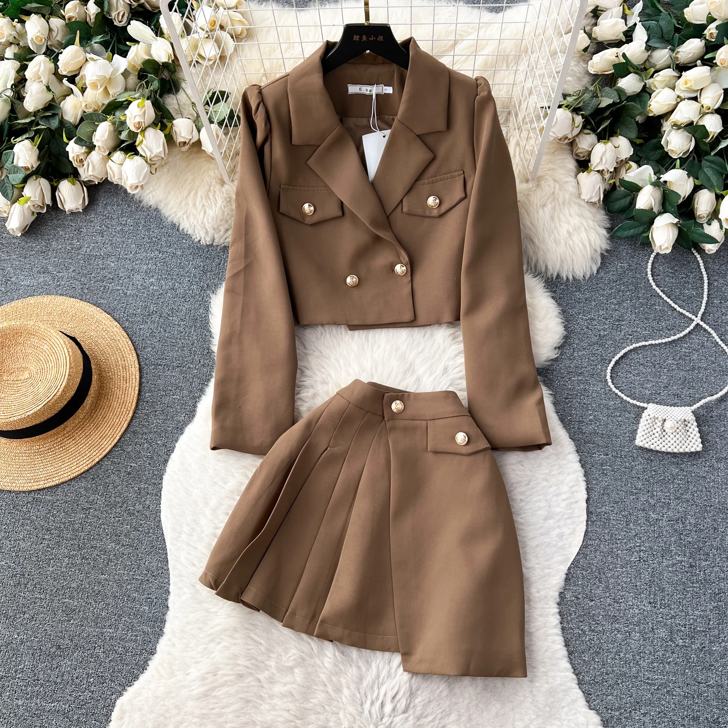 

Korean Chic Women 2 Pieces Set Elegant Pink Notched Collar Long Sleeve Short Blazer Coat And High Waist Mini Pleated Skirt Suits
