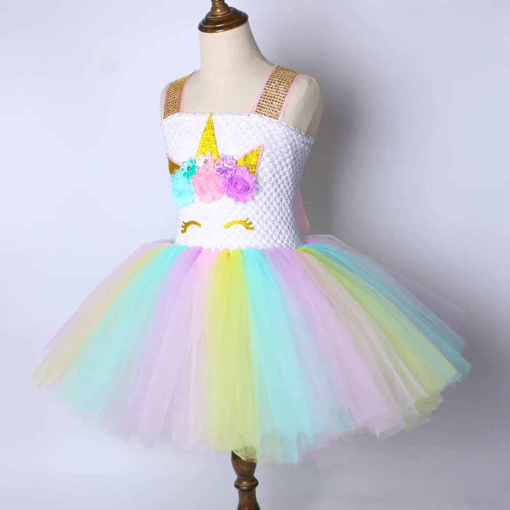 Girls Unicorn Dress Pastel Rainbow Kids Birthday Party Tutu Princess Dress Baby Girls Christmas Halloween Pony Cosplay Costume