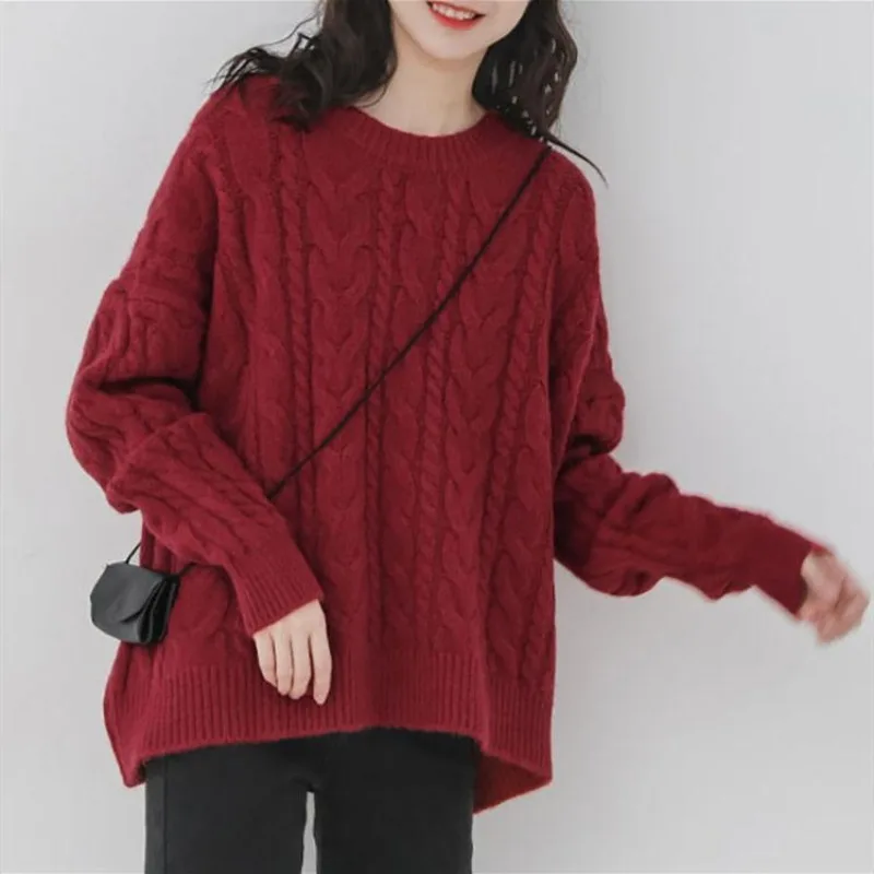 

DAYIFUN Autumn Winter Knitting Pullovers Women's Solid O Neck Loose Vintage Fried Dough Twists Knitwear Long Sleeve Sweater Tops
