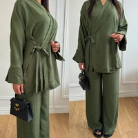 Chemisier cardigan à lacets à manches longues pour femmes, haut et pantalon monochromes, vêtements du Moyen-Orient, ensemble islamique décontracté, fjArab, document, 2 pièces 2