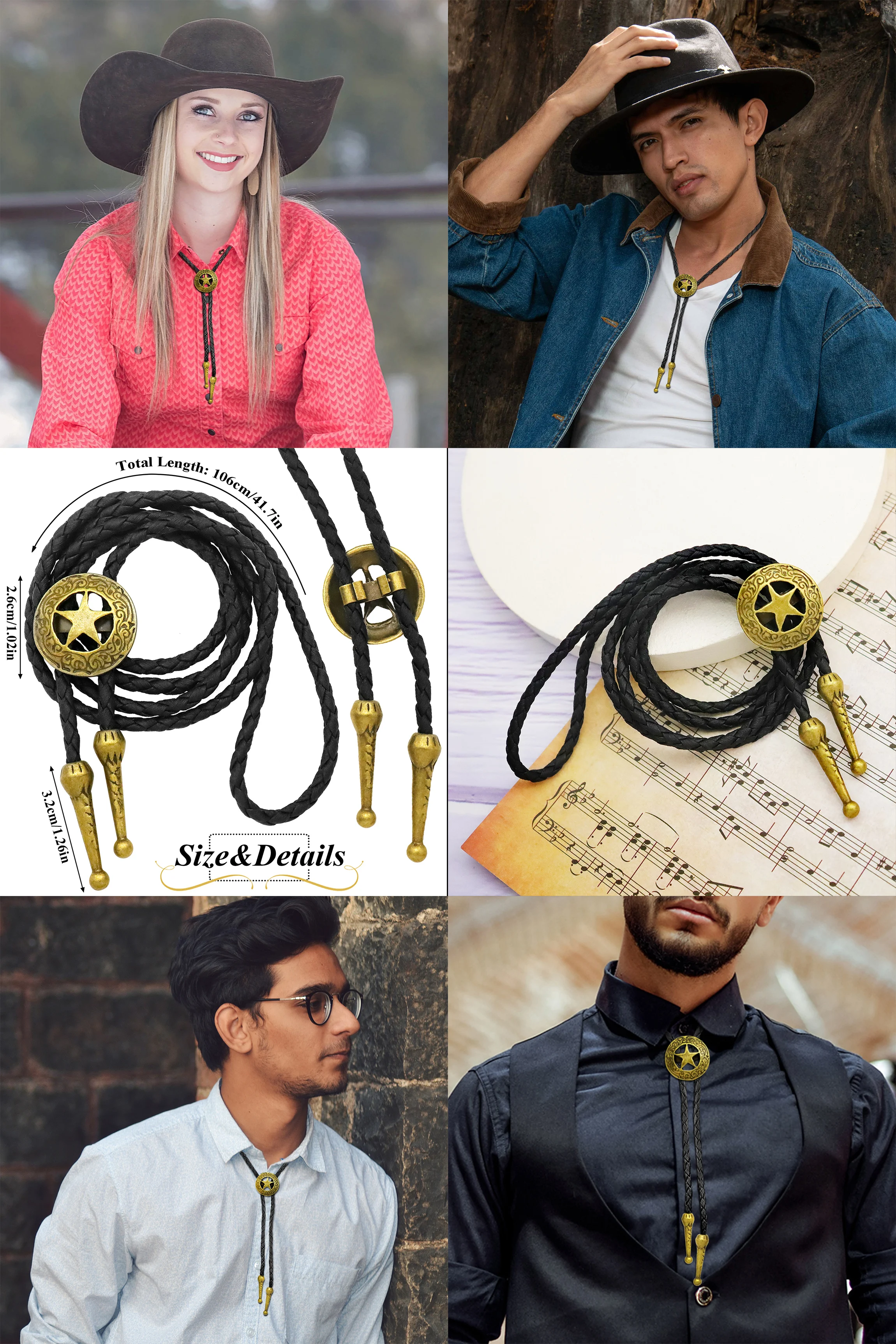 Western Cowboy Bolo Tie Rodeo Tanzkrawatte Kunstleder Runder Pentagramm-Anhänger Halskette Schmuck Accessoires Persönlichkeitsgeschenk – Detail 1