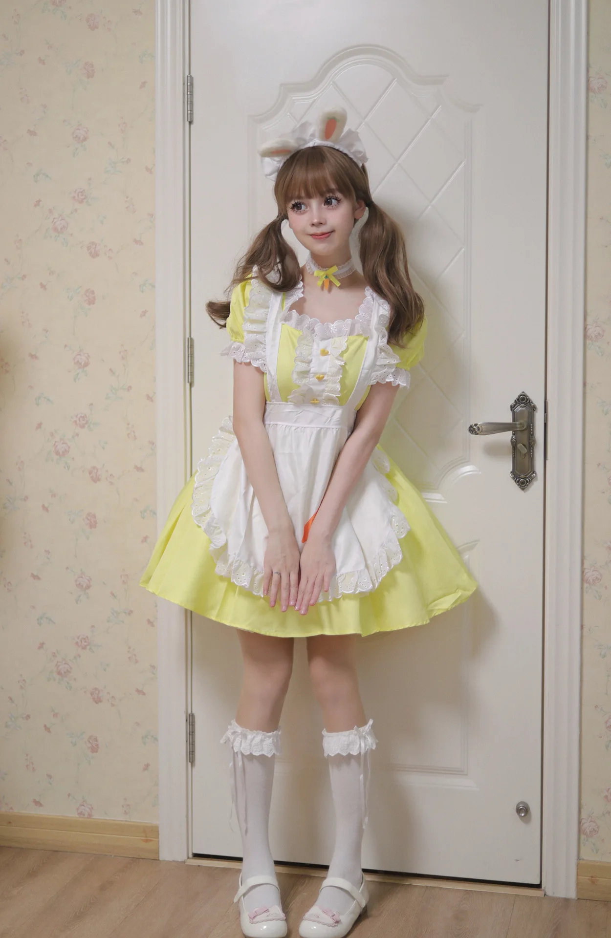 Cosplay Maid Kleid Gelb mit Schürze Anime Lolita Kostüm Damen 6
