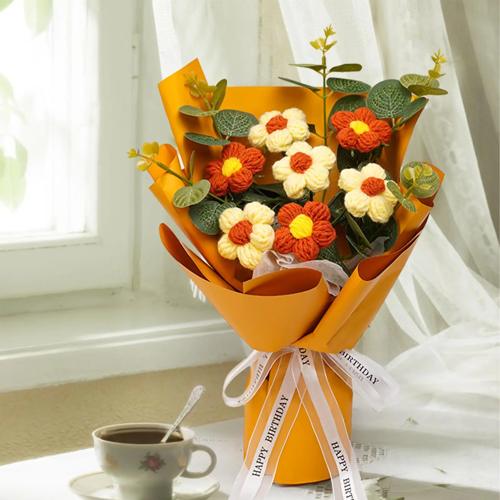 Crochet Flower Bouquet Mother Day Gift Versatile Floral Arrangements Hand Woven Bouquet for Desktop Party Wedding Home Gift