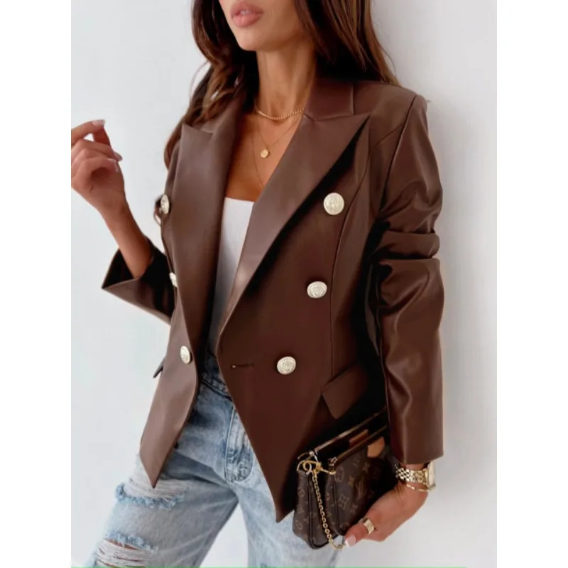 

Wepbel Long Sleeve PU Blazers Outwear Women Double Breasted Fashion PU Jackets Leather Suit Blazer Coats Autumn Tailored Coats