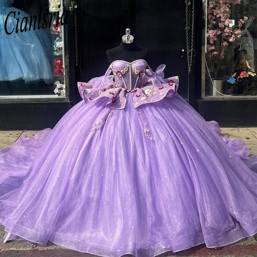 

Сиреневое платье для Quinceanera 2024, бальное платье с аппликацией, бисером, блестками, пышная юбка, милое платье 15 16, платье