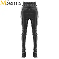 Womens Glossy PU Leather High Waist Long Pants Stacked Ruched Split Cuffs Tights Lining Leggings Nightclub Pole Dancing Costumes