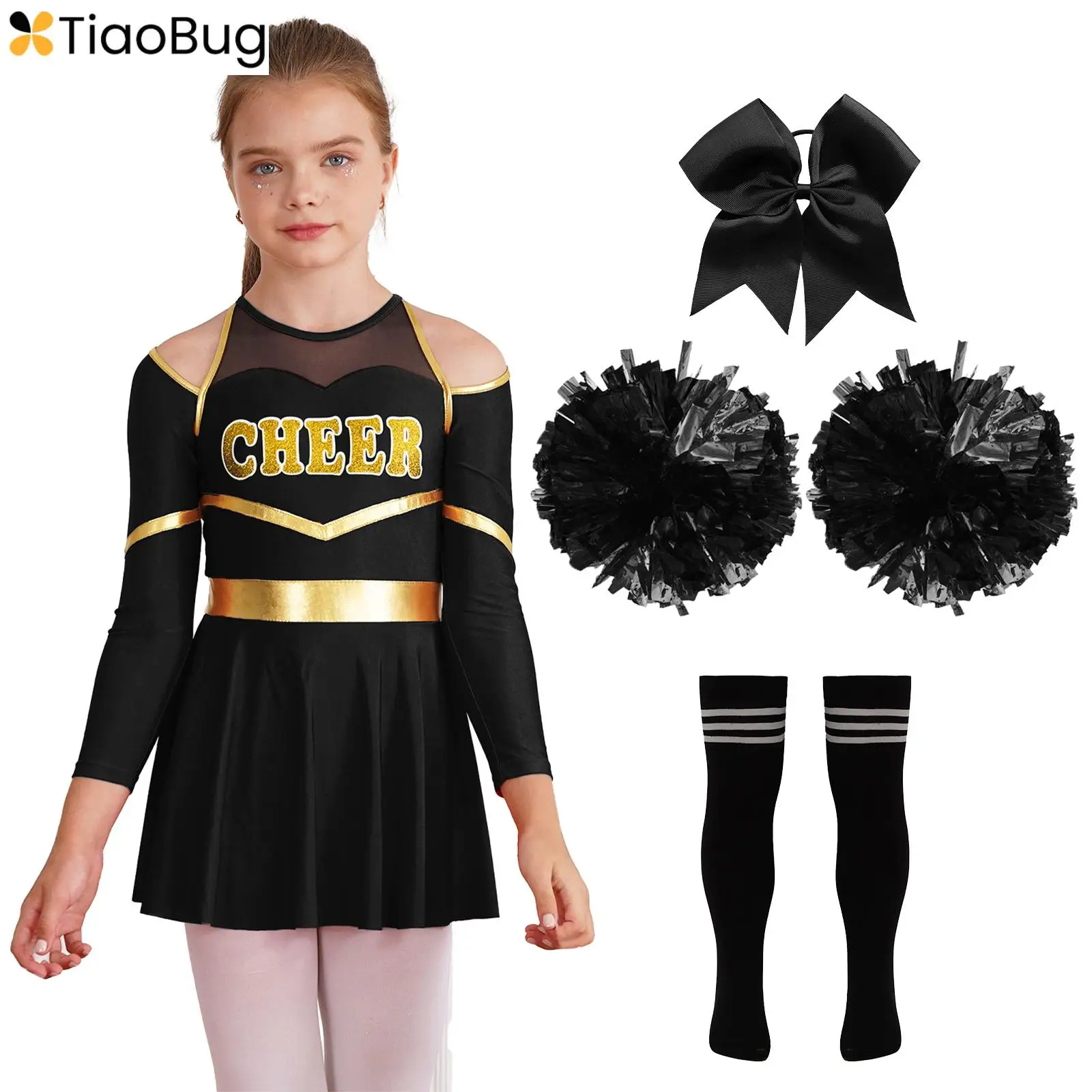 Kids Girls Cheerleader Costume Halloween Cheerleading Uniform Long Sleeve Gymnastic Dance Dress with Pom Poms Stocking Hair Tie