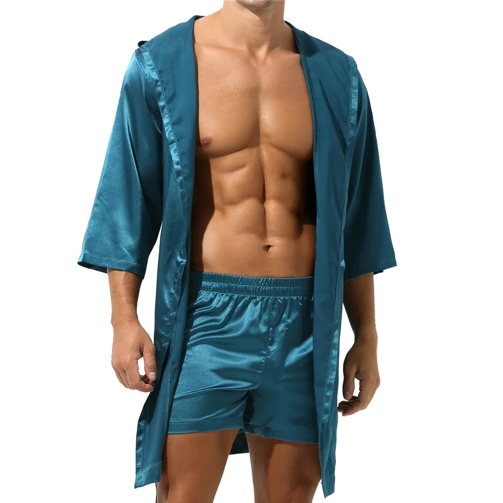 Men Silk Stain Kimono Robe Bathrobe Shorts Set Pajamas Robes Sexy Robes Satin Robe Dressing Gowns Sleepwear House Robe Nightgown