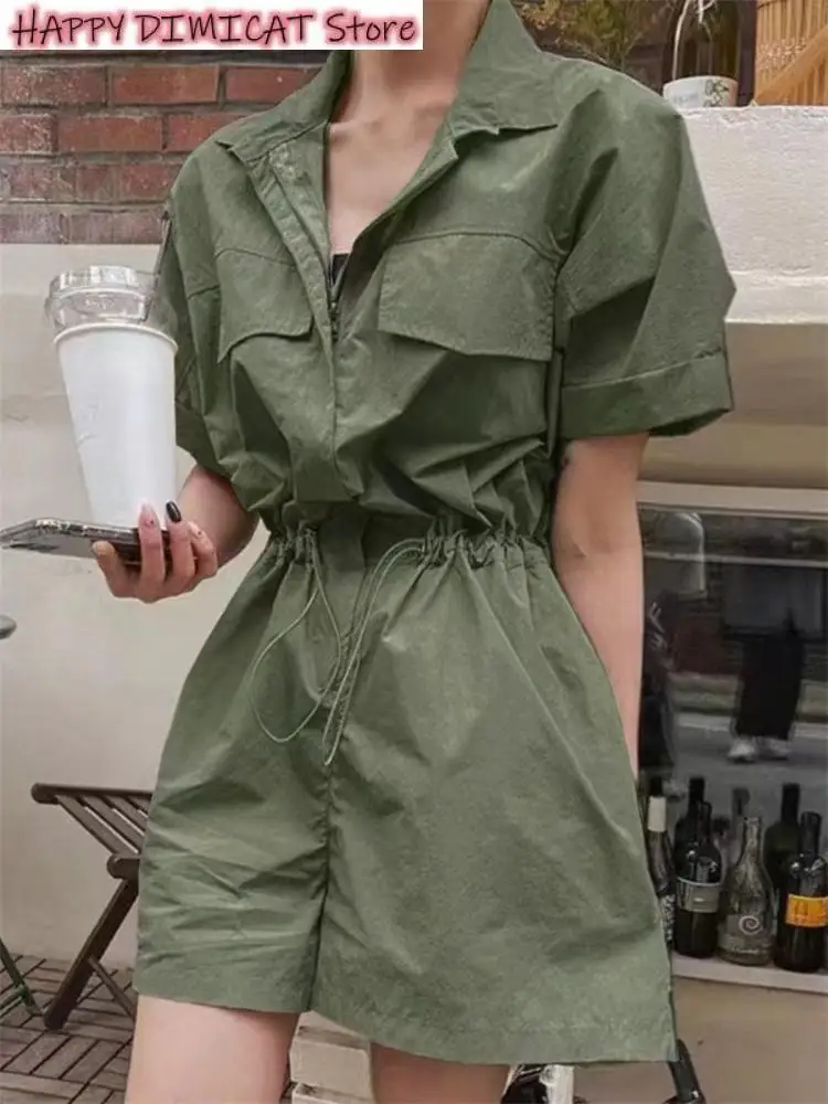 Womens Cotton Office Shirt Jumpsuit Wide Leg Short Summer New Casual Zipper Woman Shirt Jumpsuit Shorts Korea Chic Loose Ladies