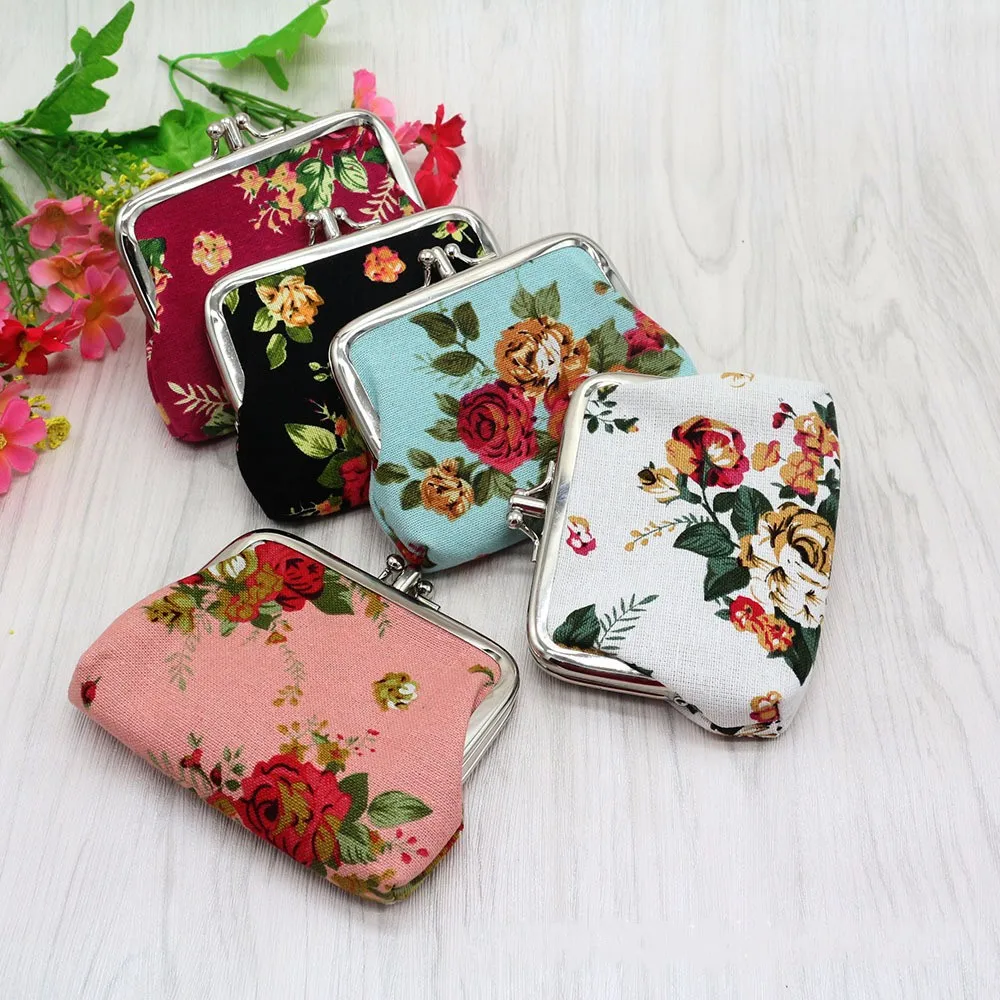 Double-layer Roses Canvas Coin Purse Short Wallet Ladies Floral Mini Card Holder Cash Credit Card Holding Bag Key Storage Bag coin purse coin wallet change bag