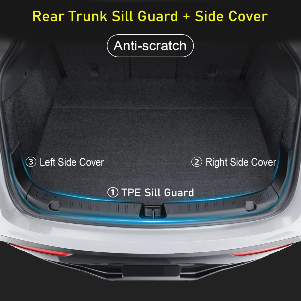 USVOTOV Trunk Sill Guard & Rear Bumper Protector for Tesla Model Y Juniper/Launch & Model 3 2024–2025 – TPE Cargo Mat Accessories 2
