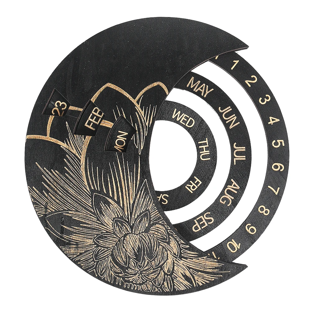 Wooden Round Rotatable Perpetual Calendar Laser Engraving Flower Pattern Estudio Wall Decor Clock Date Week Display Crafts