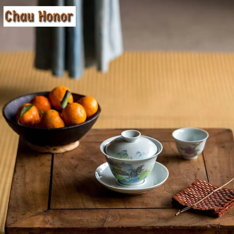140ml Boutique Antique Glaze Ceramics Pure Hand-painted Ceramics Sancai Gaiwan Handmade Household Kung Fu Teaset Tea Ceremony
