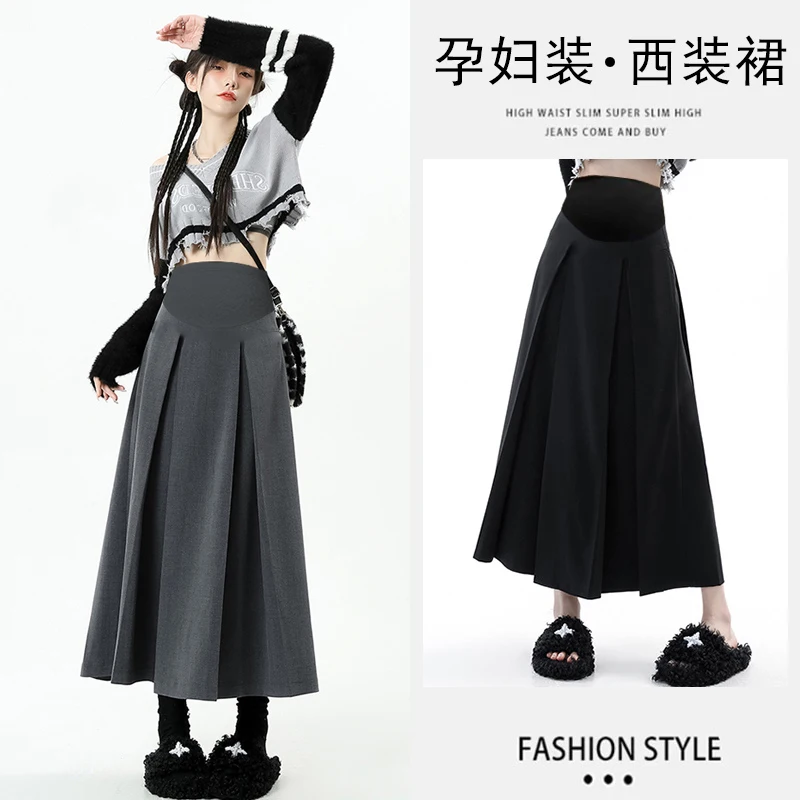 Q73446# Pregnancy Skirt Pleated Design Skirts Women Maxi Dress Plus Size High Waist Summer Mid-Long Midi Maternity S