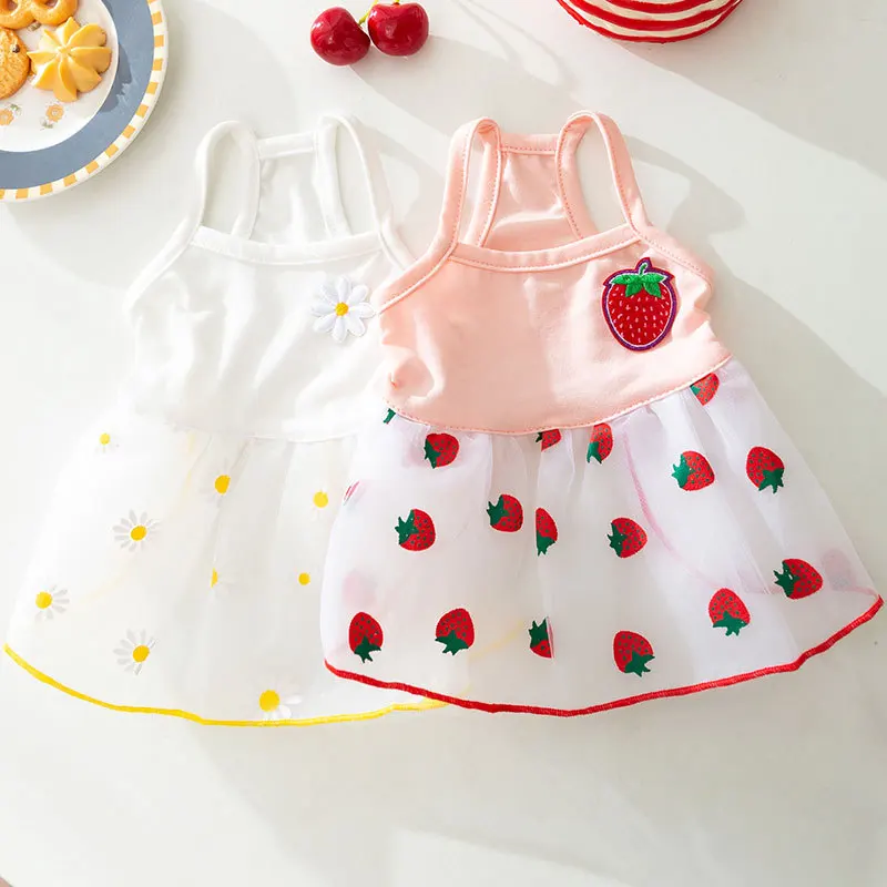 

Pink Strawberry Mesh Gauze Thin Style Summer Dog Dress Teddy Skirt Puppy Suspender Vest Cool Comfortable Pet Clothing
