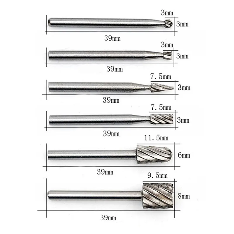 

HSS Router Drill Bits Kit Rotary Burrs 6pcs/Set Tool Wood Metal Carving Milling Wood Stone Metal Root Carving Milling Cutter