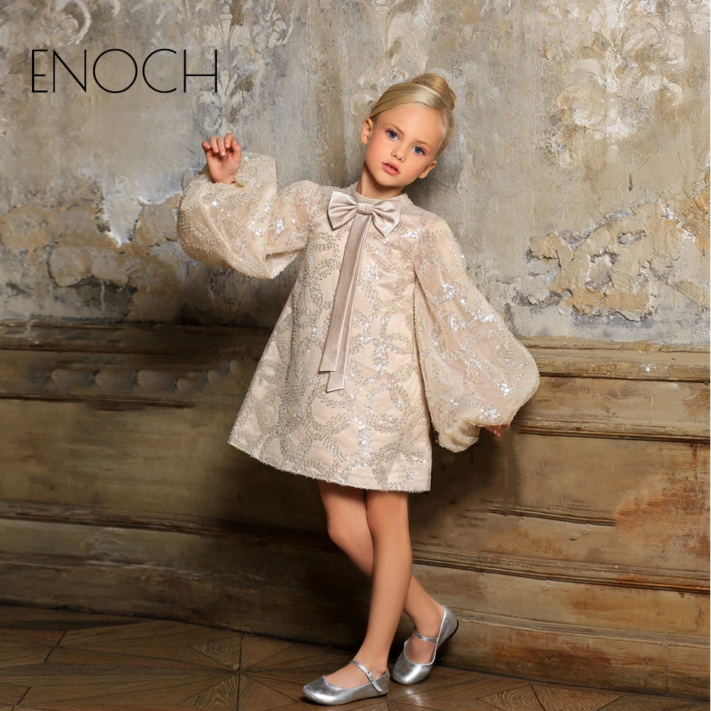 

Enoch Exquisite Puffy Sleeve Flower Girl Dresses with Bow New Kids Sequined Beading Knee Length Festival Formal Gowns Robes New