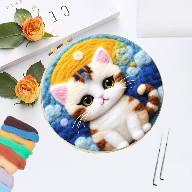 Needle Felting Painting With Frame Kit For Beginner Cat Wool Felting Painting Handmade Felt Needles Foam Pad Cloth needle felting painting kit