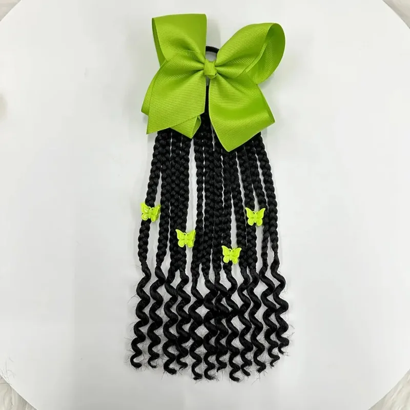 Kids Braided Ponytail with Beads and Bow Kids Hair Extension Ponytail with Curly End for Girls Black Girl Hair Accessories