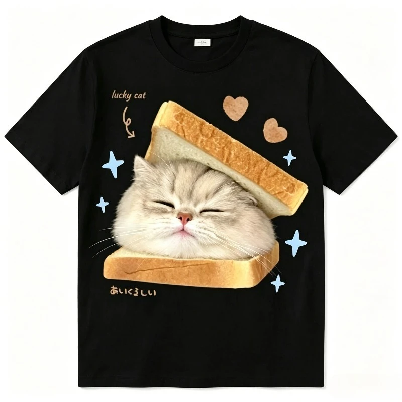 2026 Cats Collab 귀여운 프린트 반팔 티셔츠 2026 여름 신작 남성 및 여성 반팔 샌드위치 고양이