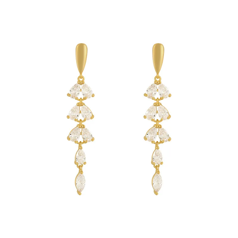 Shiny Zircon Tassel Leaf Shape Gold Color Earrings Women New Fashion Jewelry Wedding Party Unusual Girl's Luxury Earrings crystal tassel earrings,dangle earrings,drop earrings,long earrings,golden earrings