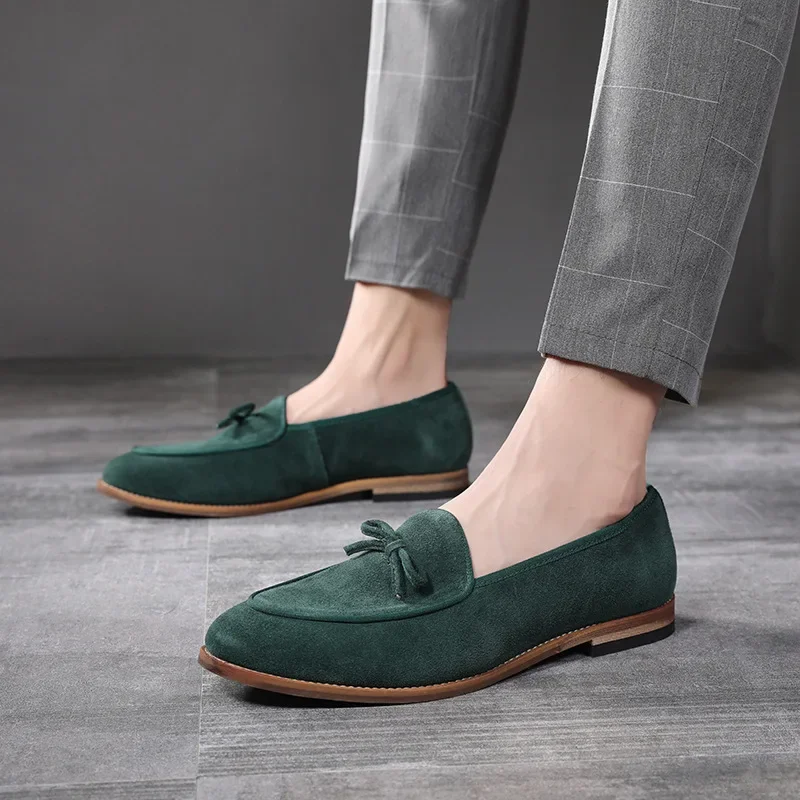 Men's Casual Shoes Suede Genuine Leather Men Trendy Bowknot Party Wedding Loafers Moccasins Mens Driving Flats