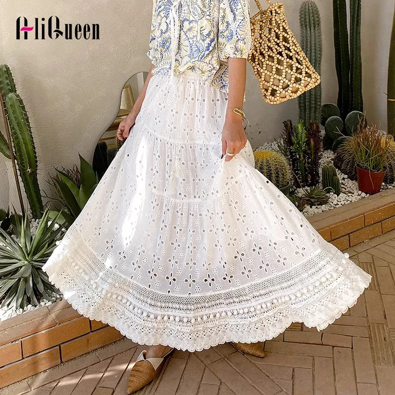 

Женская длинная юбка с цветочной вышивкой, белая Повседневная хлопковая кружевная юбка с высокой талией в винтажном стиле, Пляжная кружевная юбка в стиле бохо на лето
