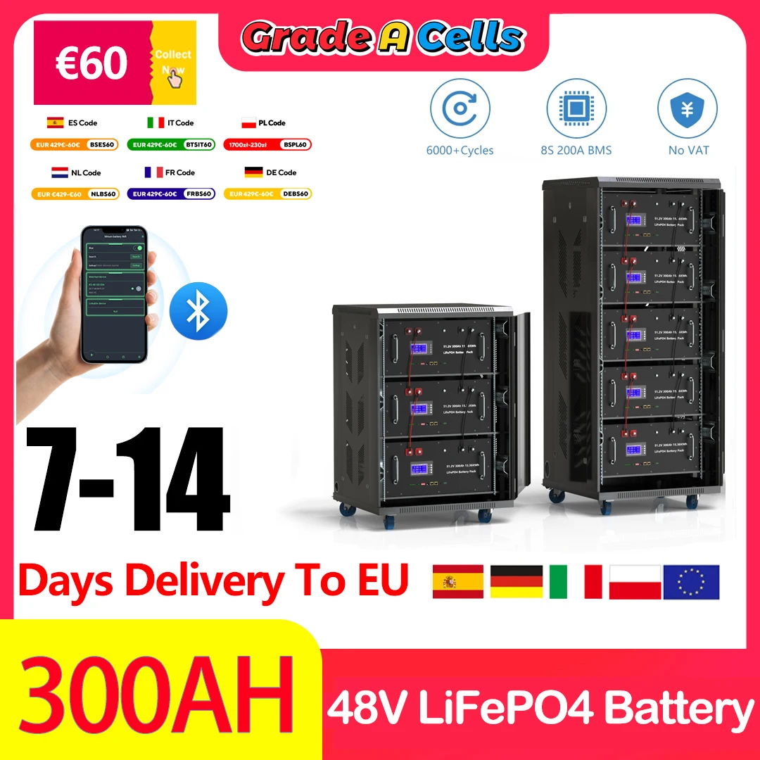 LiFePO4 48V 300Ah 15KW Battery 51.2V 100Ah 200Ah 5KW Bluetooth 16S 200A ...